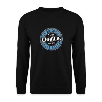 Charlie Geschenkidee Geschenk Geburtstag - Unisex Pullover - Schwarz - Vorne - Alina (178cm) & Michal (187cm)