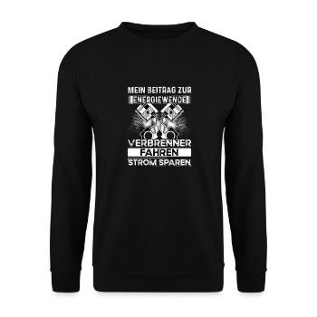 Strom sparen Verbrenner fahren Anti Elektroauto - Unisex Pullover - Schwarz - Vorne - Alina (178cm) & Michal (187cm)