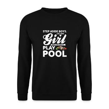 Dieses Mädchen zeigt dir, wie man Billard spielt - Unisex Pullover - Schwarz - Vorne - Alina (178cm) & Michal (187cm)