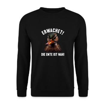 Erwachet Die Ente ist nah Duck Ente lustiges Enten - Unisex Pullover - Schwarz - Vorne - Alina (178cm) & Michal (187cm)