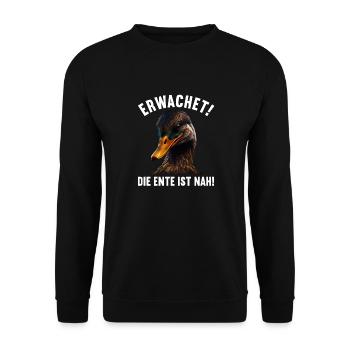 Erwachet Die Ente ist nah Duck Ente lustiges Enten - Unisex Pullover - Schwarz - Vorne - Alina (178cm) & Michal (187cm)