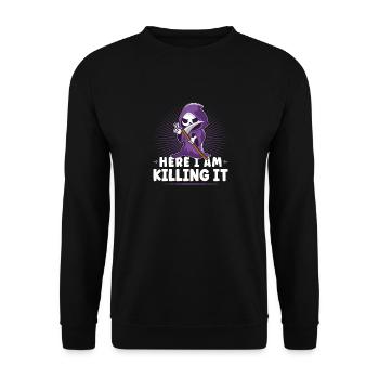Funny Grim Reaper, Here I Am Killing It, Goth Dark - Unisex Pullover - Schwarz - Vorne - Alina (178cm) & Michal (187cm)
