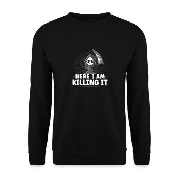 Funny Grim Reaper, Here I Am Killing It, Goth Dark - Unisex Pullover - Schwarz - Vorne - Alina (178cm) & Michal (187cm)