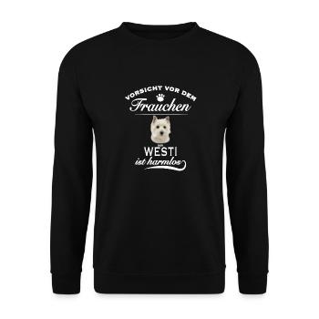 Vorsicht vor dem Frauchen - der Westi ist harmlos - Unisex Pullover - Schwarz - Vorne - Alina (178cm) & Michal (187cm)