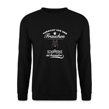 Vorsicht vor dem Frauchen - Schipperke ist harmlos - Unisex Pullover - Schwarz - Vorne - Alina (178cm) & Michal (187cm)