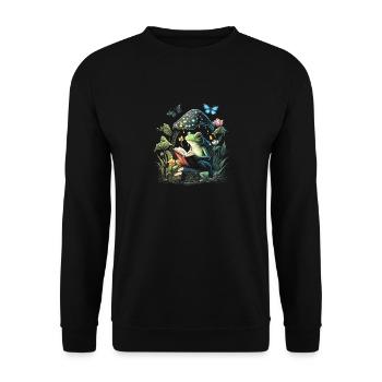 Cottagecore Aesthetic Mushroom Frog Reading Book - Unisex Pullover - Schwarz - Vorne - Alina (178cm) & Michal (187cm)