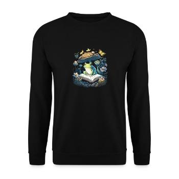 Cottagecore Aesthetic Mushroom Frog Reading Book - Unisex Pullover - Schwarz - Vorne - Alina (178cm) & Michal (187cm)