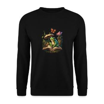 Cottagecore Aesthetic Mushroom Frog Reading Book - Unisex Pullover - Schwarz - Vorne - Alina (178cm) & Michal (187cm)