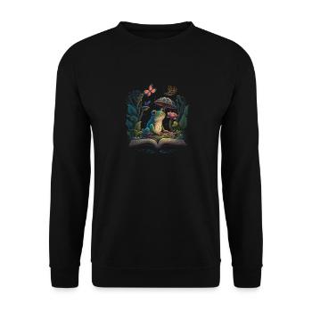 Cottagecore Aesthetic Mushroom Frog Reading Book - Unisex Pullover - Schwarz - Vorne - Alina (178cm) & Michal (187cm)