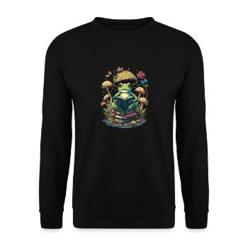 Cottagecore Aesthetic Mushroom Frog Reading Book - Unisex Pullover - Schwarz - Vorne - Alina (178cm) & Michal (187cm)
