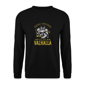 Niemals Verlieren, Sieg oder Valhalla Wikinger - Unisex Pullover - Schwarz - Vorne - Alina (178cm) & Michal (187cm)