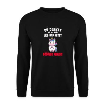 Du Denkst Ich Bin Klein Lieb Und Nett Einhorn - Unisex Pullover - Schwarz - Vorne - Alina (178cm) & Michal (187cm)