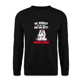 Du Denkst Ich Bin Klein Lieb Und Nett Einhorn - Unisex Pullover - Schwarz - Vorne - Alina (178cm) & Michal (187cm)