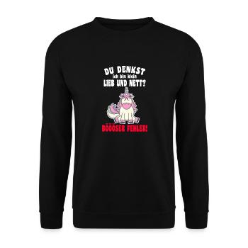 Du Denkst Ich Bin Klein Lieb Und Nett Einhorn - Unisex Pullover - Schwarz - Vorne - Alina (178cm) & Michal (187cm)