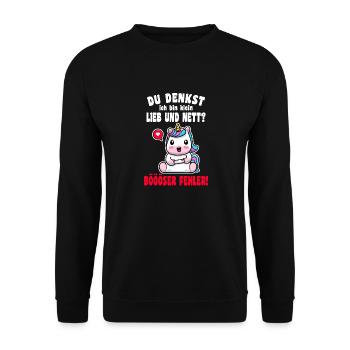 Du Denkst Ich Bin Klein Lieb Und Nett Einhorn - Unisex Pullover - Schwarz - Vorne - Alina (178cm) & Michal (187cm)