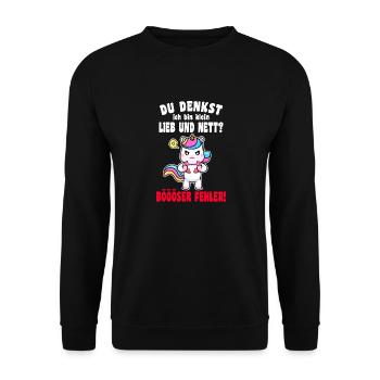 Du Denkst Ich Bin Klein Lieb Und Nett Einhorn - Unisex Pullover - Schwarz - Vorne - Alina (178cm) & Michal (187cm)