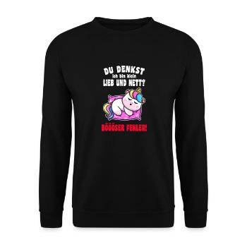 Du Denkst Ich Bin Klein Lieb Und Nett Einhorn - Unisex Pullover - Schwarz - Vorne - Alina (178cm) & Michal (187cm)