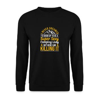 Super Sexy Camping Lady Glamping Funny Camper - Unisex Pullover - Schwarz - Vorne - Alina (178cm) & Michal (187cm)
