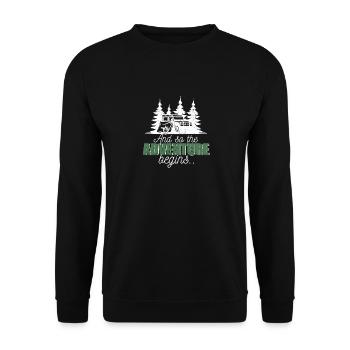 Und so beginnt das Abenteuer Camping Road Trip - Unisex Pullover - Schwarz - Vorne - Alina (178cm) & Michal (187cm)