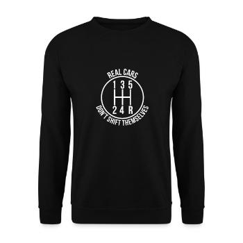 Echte Autos schalten nicht selbst, sondern knüppeln - Unisex Pullover - Schwarz - Vorne - Alina (178cm) & Michal (187cm)