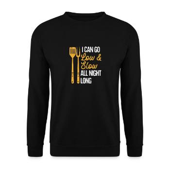 Ich kann die ganze Nacht niedrig und langsam BBQ - Unisex Pullover - Schwarz - Vorne - Alina (178cm) & Michal (187cm)