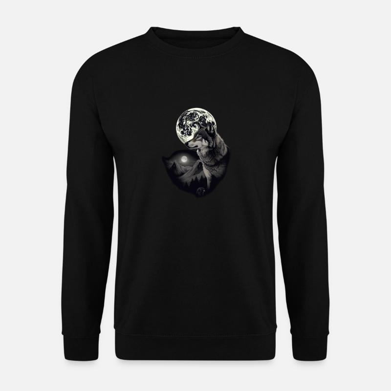 Wald mit Vollmond und grauem Wolf wildes Tier - Unisex Pullover - Schwarz