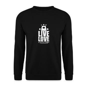 Live Love Cornhole Spiel Freizeit Hobby - Unisex Pullover - Schwarz - Vorne - Alina (178cm) & Michal (187cm)