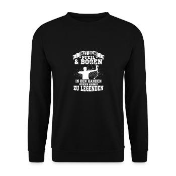 Mit dem Pfeil & Bogen in den Händen Bogenschütze - Unisex Pullover - Schwarz - Vorne - Alina (178cm) & Michal (187cm)