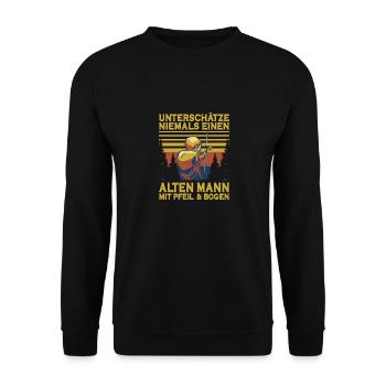 Unterschätze niemals einen Mann mit Pfeil & Bogen - Unisex Pullover - Schwarz - Vorne - Alina (178cm) & Michal (187cm)