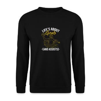 Im Leben geht es um Tore und Assists Lustige - Unisex Pullover - Schwarz - Vorne - Alina (178cm) & Michal (187cm)