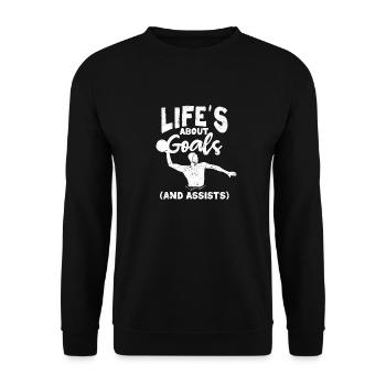 Im Leben geht es um Tore und Assists Lustige - Unisex Pullover - Schwarz - Vorne - Alina (178cm) & Michal (187cm)