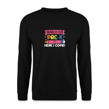 Achtung Pre K Hier komme ich Lustige Vorschule - Unisex Pullover - Schwarz - Vorne - Alina (178cm) & Michal (187cm)