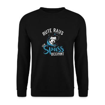 Rute Raus der Spaß beginnt - Anglerdesign - Unisex Pullover - Schwarz - Vorne - Alina (178cm) & Michal (187cm)