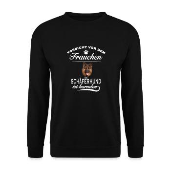 Vorsicht vor dem Frauchen - Schäferhund harmlos - Unisex Pullover - Schwarz - Vorne - Alina (178cm) & Michal (187cm)