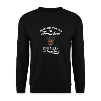 Vorsicht vor dem Frauchen - Rottweiler ist harmlos - Unisex Pullover - Schwarz - Vorne - Alina (178cm) & Michal (187cm)