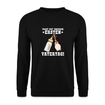Unser erster Vatertag mit Bier und Milchflasche - Unisex Pullover - Schwarz - Vorne - Alina (178cm) & Michal (187cm)