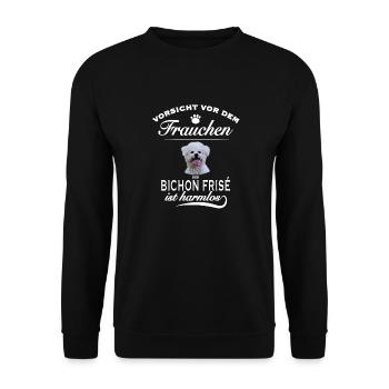 Vorsicht vor dem Frauchen, harmlos - Bichon Frisé - Unisex Pullover - Schwarz - Vorne - Alina (178cm) & Michal (187cm)