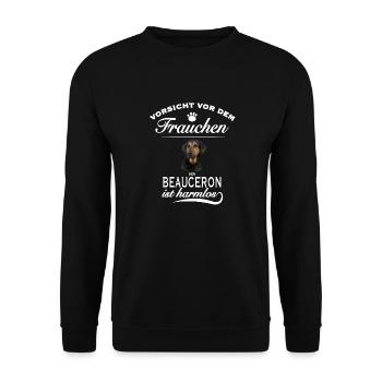 Vorsicht vor dem Frauchen, harmlos - Beauceron - Unisex Pullover - Schwarz - Vorne - Alina (178cm) & Michal (187cm)