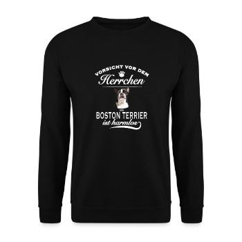Vorsicht vor dem Herrchen - Boston Terrier - Unisex Pullover - Schwarz - Vorne - Alina (178cm) & Michal (187cm)
