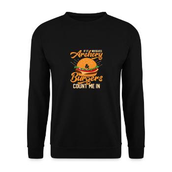 If It Involves Archery & Burgers Count Me In Arche - Unisex Pullover - Schwarz - Vorne - Alina (178cm) & Michal (187cm)