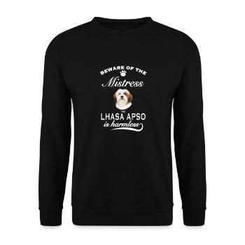 Beware of the mistress, harmless Lhasa Apso - Unisex Pullover - Schwarz - Vorne - Alina (178cm) & Michal (187cm)