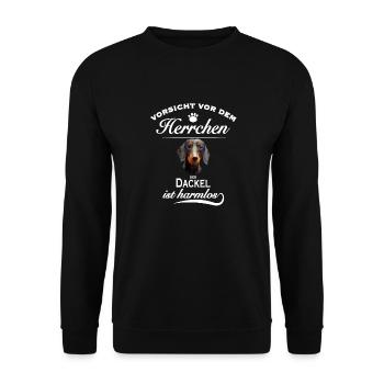 Vorsicht vor dem Herrchen, harmlos Dackel - Unisex Pullover - Schwarz - Vorne - Alina (178cm) & Michal (187cm)