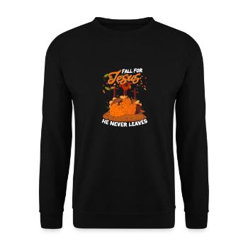Fall für Jesus Er verlässt nie lustige Herbst - Unisex Pullover - Schwarz - Vorne - Alina (178cm) & Michal (187cm)