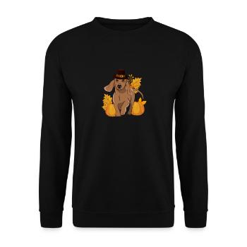 Pilgrim Dackel Kürbis Blätter Thanksgiving - Unisex Pullover - Schwarz - Vorne - Alina (178cm) & Michal (187cm)