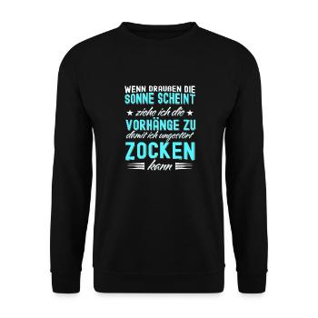 Wenn die Sonne schient, Vorhänge zu beim Zocken! - Unisex Pullover - Schwarz - Vorne - Alina (178cm) & Michal (187cm)