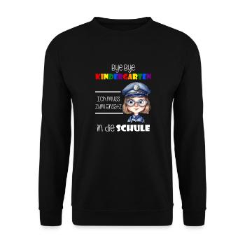 Bye Bye Kindergarten - Einschulung Polizistin - Unisex Pullover - Schwarz - Vorne - Alina (178cm) & Michal (187cm)