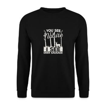 Vous voyez la nature, je vois des cerfs, des saucisses, de la chasse - Sweat-shirt Unisexe - noir - Devant - Alina (178cm) & Michal (187cm)