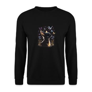 Chihuahua mit Schmetterling |Süßer Hund Bunt Natur - Unisex Pullover - Schwarz - Vorne - Alina (178cm) & Michal (187cm)