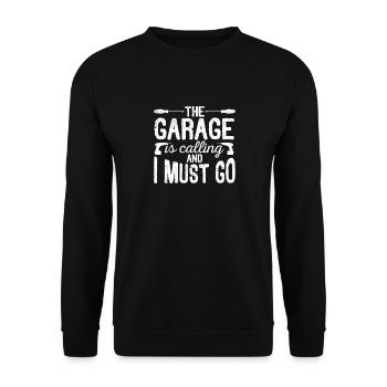 Die Garage ruft und ich muss gehen Lustiger - Unisex Pullover - Schwarz - Vorne - Alina (178cm) & Michal (187cm)