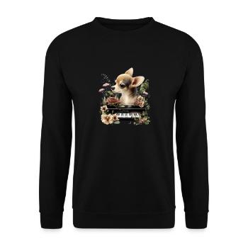 Chihuahua spielt Klavier Piano Klassische Musik - Unisex Pullover - Schwarz - Vorne - Alina (178cm) & Michal (187cm)